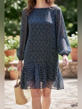 Madewell Navy Floral Pleated Sheer Dress S Boho Flowy Mini